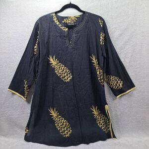 KikiSoL Black Tunic Top or Beach Cover Up Womens Sz L Vacation Cruise Tropical